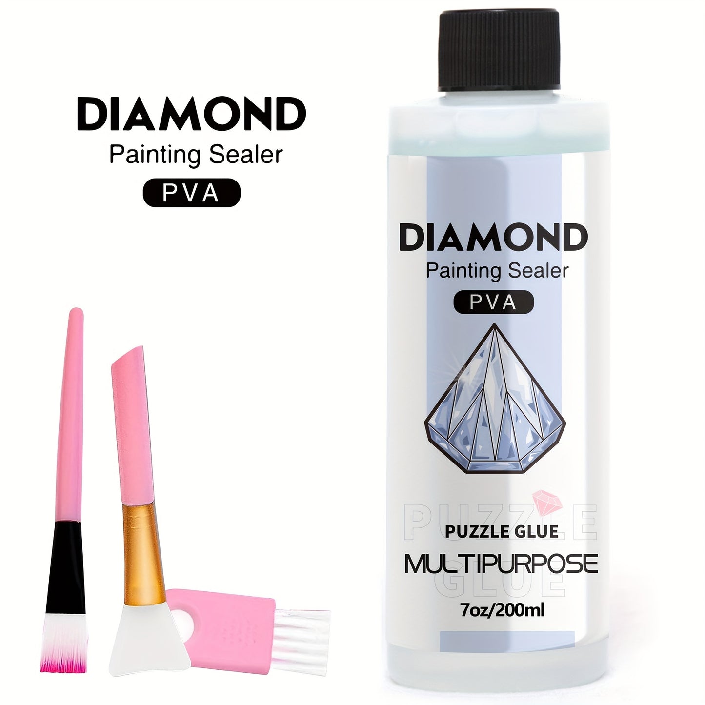 Diamond painting sealer with 3 brushes for permanent hold & shine effect on 5D diamond painting and puzzles, available in 60ml or 200ml.