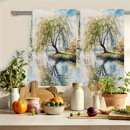 Set of 2 Ultra Soft Kitchen Towels featuring the "Willow by a Tranquil Lake" Design, Exceptionally Absorbent & Easy to Wash Dish Hand Towels, Modern Coastal Decor, 40.64x60.96 cm, Perfect for Holiday Season Decor, Decorative yet Durable Kitchen Textile