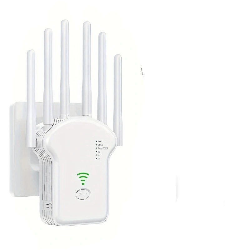 momotor WiFi Extender boosts signal for up to 8500 sq. ft, supports 35 devices, 4 modes, Ethernet port, one-touch setup - ideal for home, office, cafe.