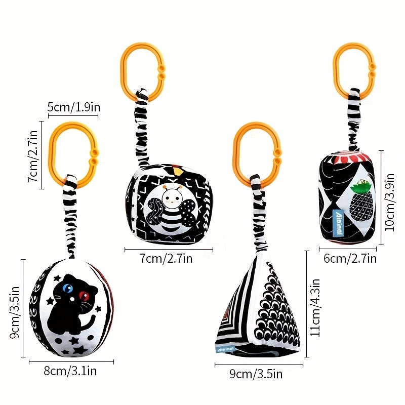 Geometric-shaped black and white hanging toys for babies, designed for early education and visual stimulation. Perfect for attaching to strollers, car seats, or hanging over baby's bed.