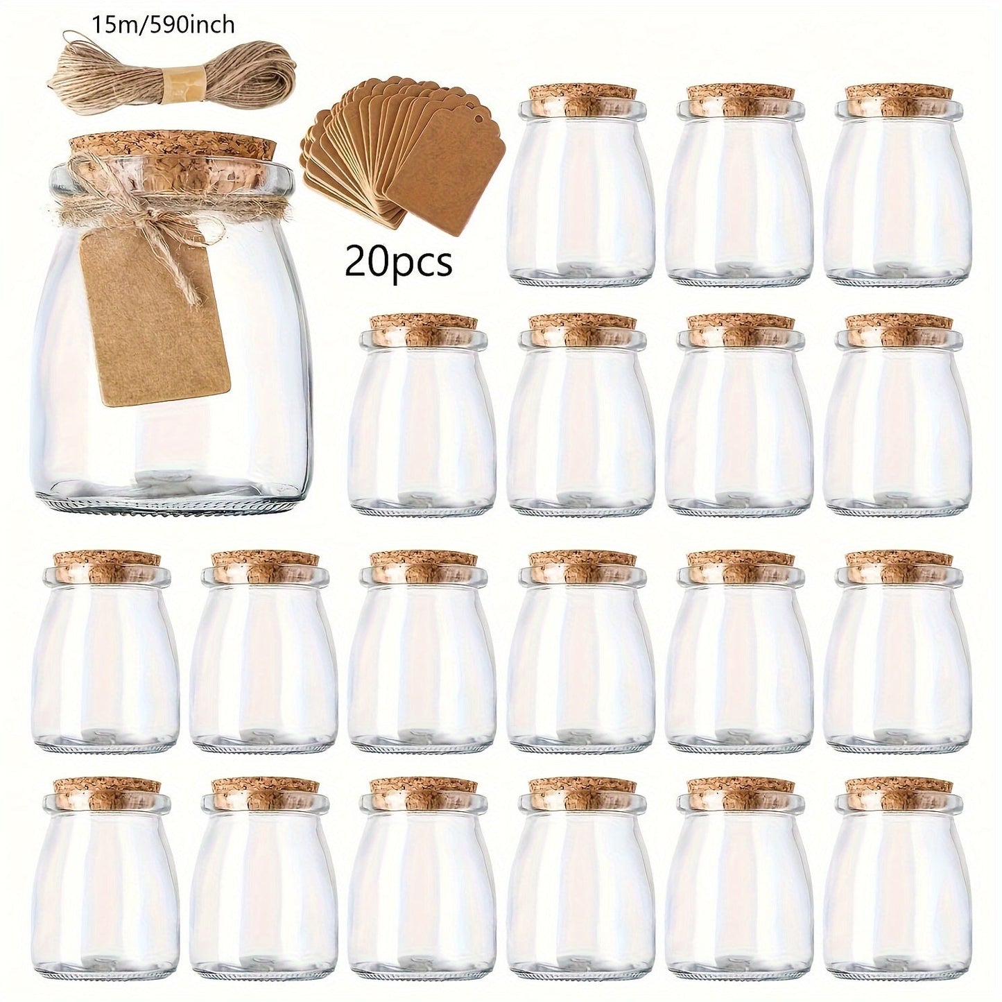 Set of 20 to 30 small glass jars with cork lids, 100ml capacity, perfect for storing yogurt, pudding, honey, and as wedding favors. Includes labels and twine for easy organization. Reusable and round containers.