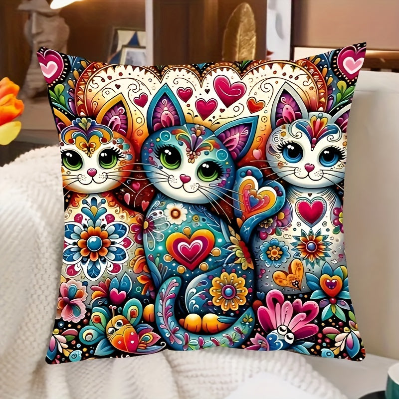 Bohemian style cat & floral print pillow case, 44.96cm x 44.96cm, with zip closure. Vibrant home decor accent, machine washable. Ideal for living room and bedroom.