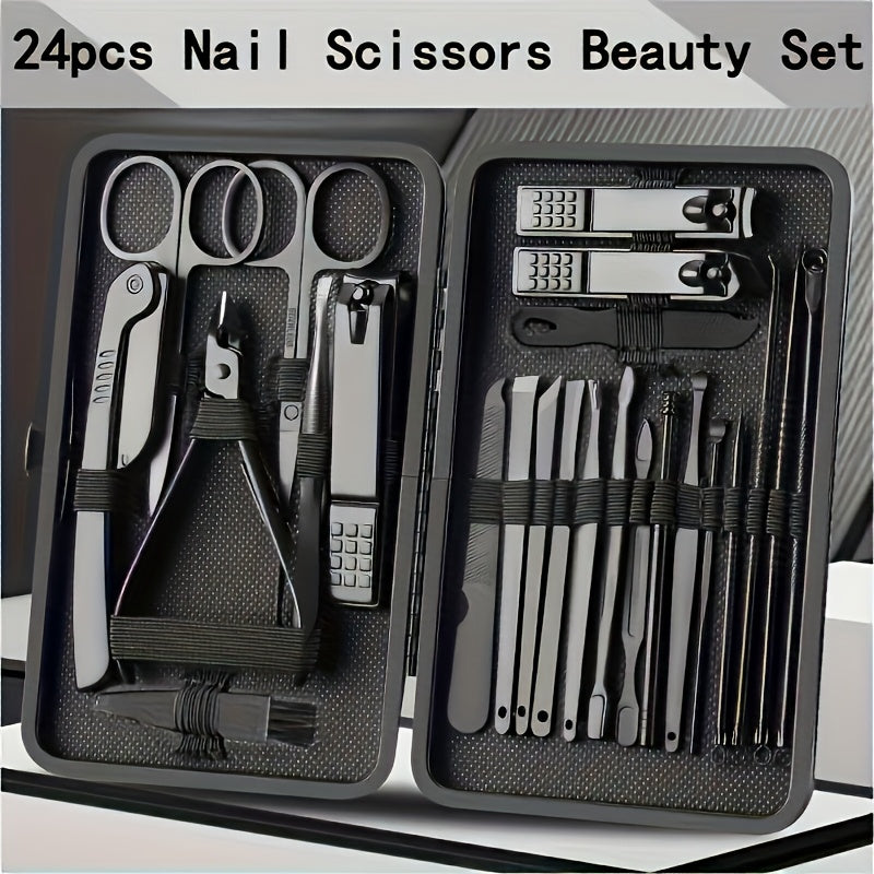 Nail clippers and grooming tools set with 8/15/24pcs, including portable travel case, clippers, scissors, foot nail trimming kit, and travel grooming tools.