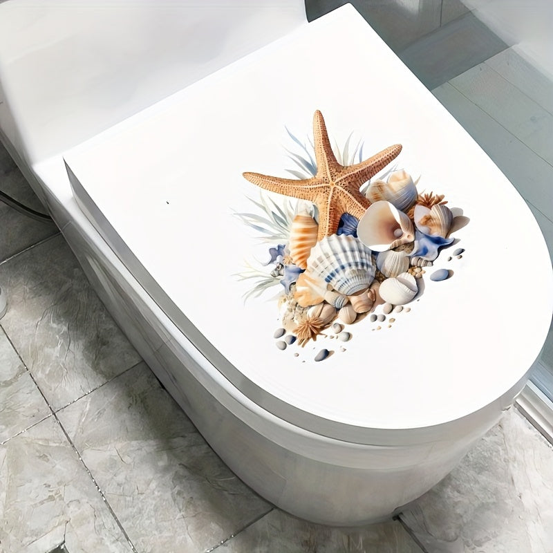 Ocean-themed bathroom decal set with starfish and shells, glossy finish PVC decals for ceramic surfaces, perfect for home decor or holiday decorations.