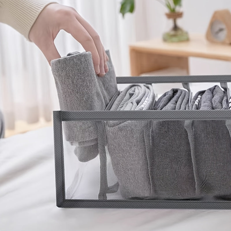 3 Piece Clear Mesh Fabric Storage Organizer for Underwear, Pants, and Jeans - Space-saving design with reinforced handles, ideal for closet organization. Foldable and minimalist fabric