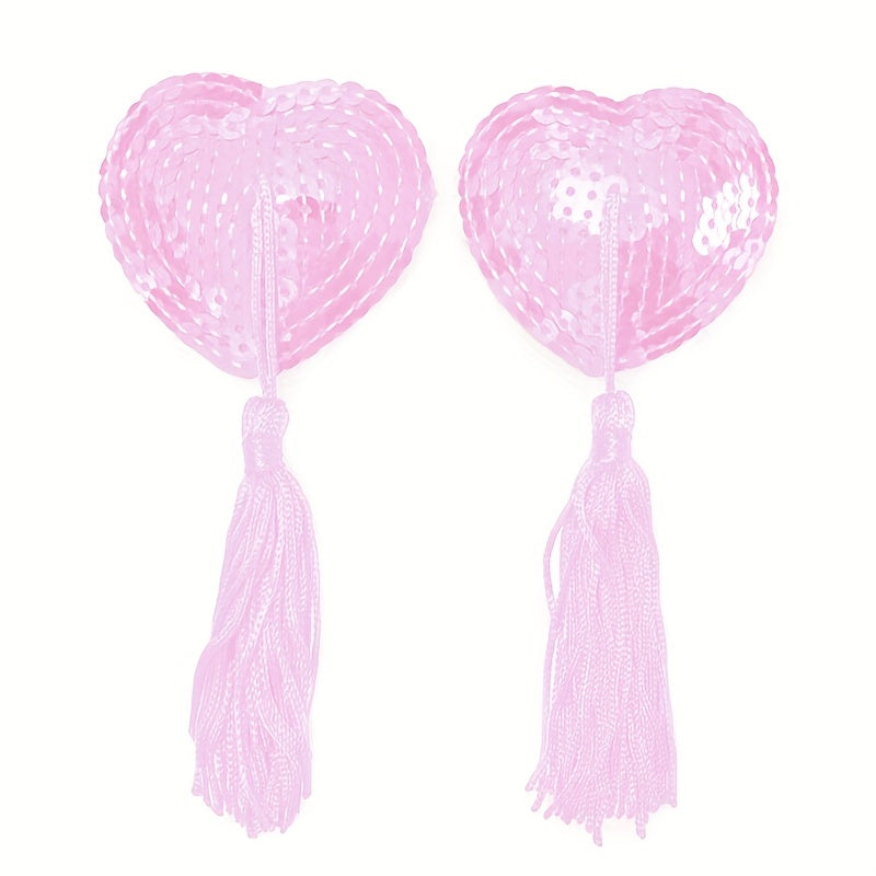 1 Pair of Heart-shaped Silicone Breast Stickers and Tassel Sequin Nipple Stickers.