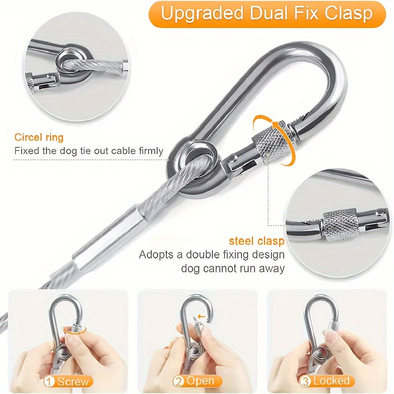 Durable dog tie-out cable, 113.4 KG capacity, stainless steel with swivel snap hooks, perfect for outdoor activities.