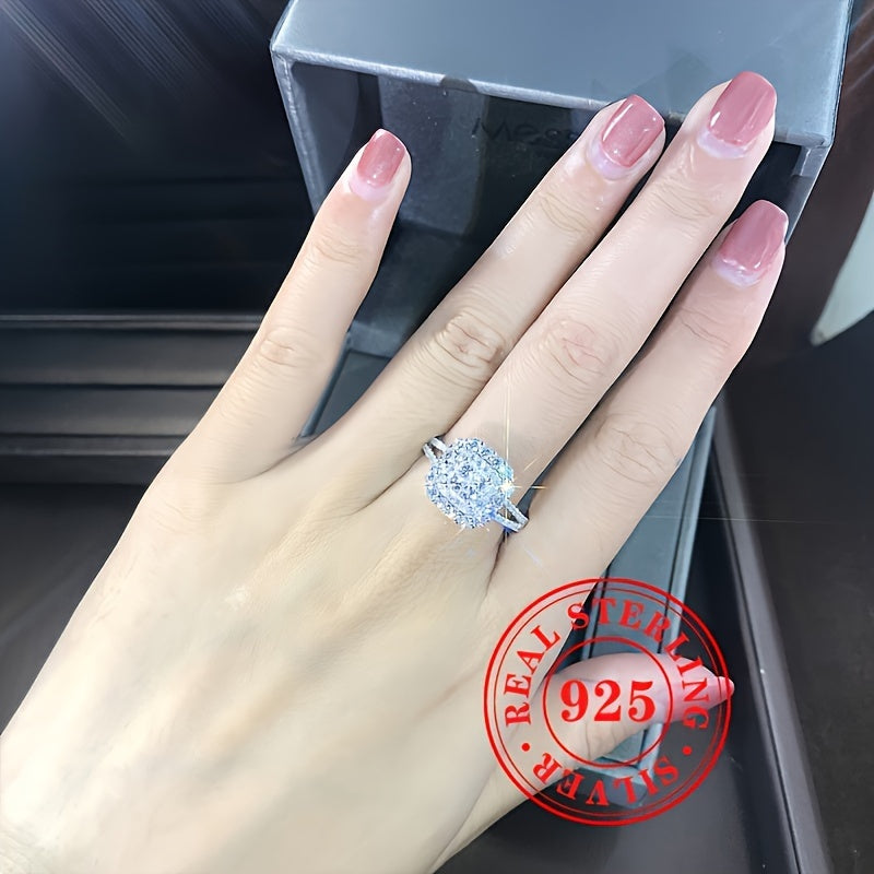 Elegant Wedding Proposal Bridal Jewelry For Ladies: Luxurious S925 Sterling Silver Square Engagement Ring with Shiny Cubic Zirconia, Stunning Bling Style