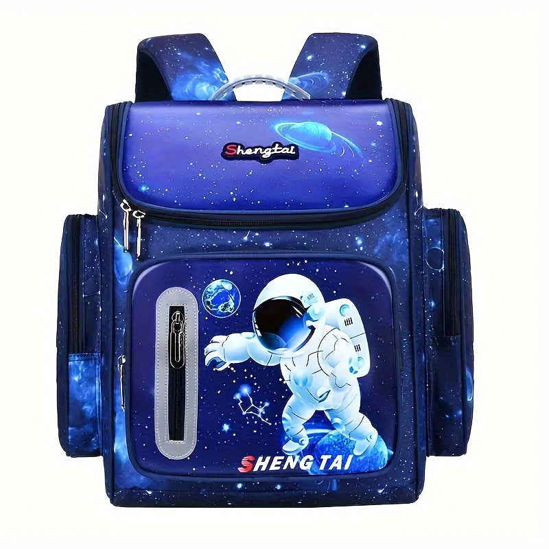 Waterproof school bag featuring cartoon astronaut design and large capacity.