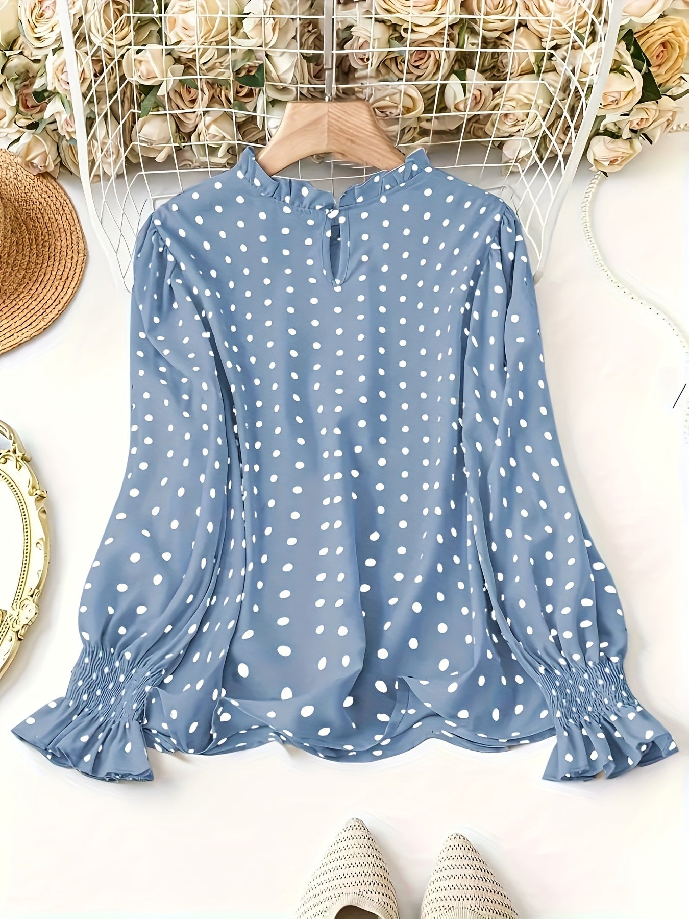 Plus Size Polka Dot Blouse with Shirred Cuffs, Crew Neck, and Long Sleeves for Spring & Fall, Women's Plus Size Clothing.