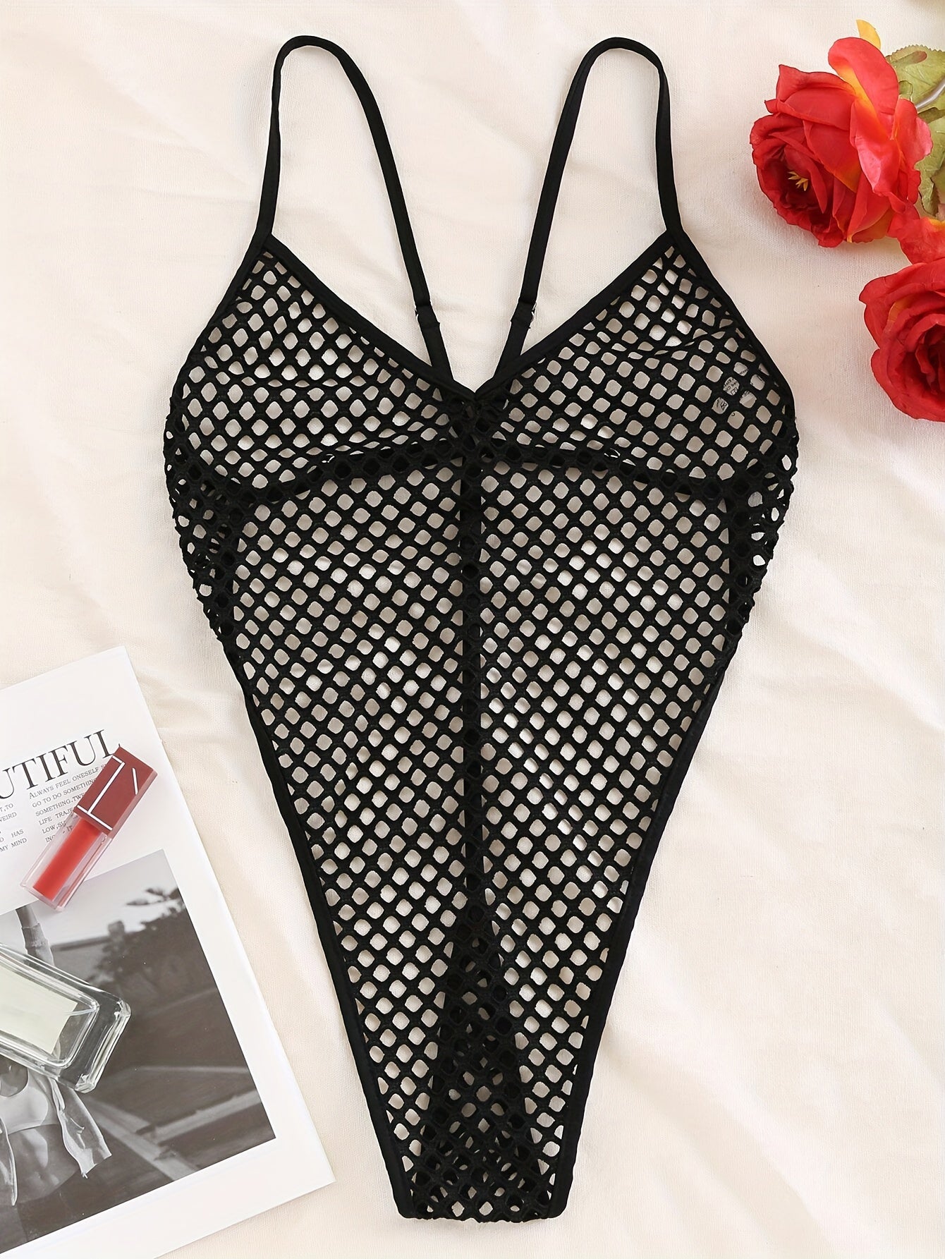 Sexy Solid Color Jacquard Mesh Bodysuit with Hollow Exposed Back for Seductive Lingerie.