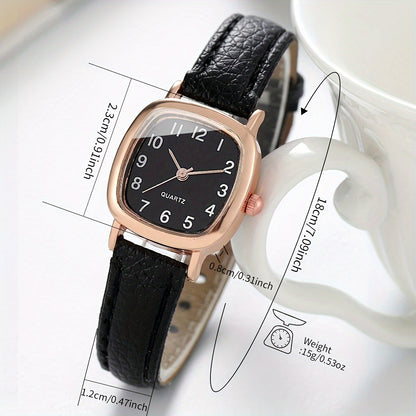 Women's fashion watch set with square dial, PU leather band, alloy case, and heart charm bracelet.