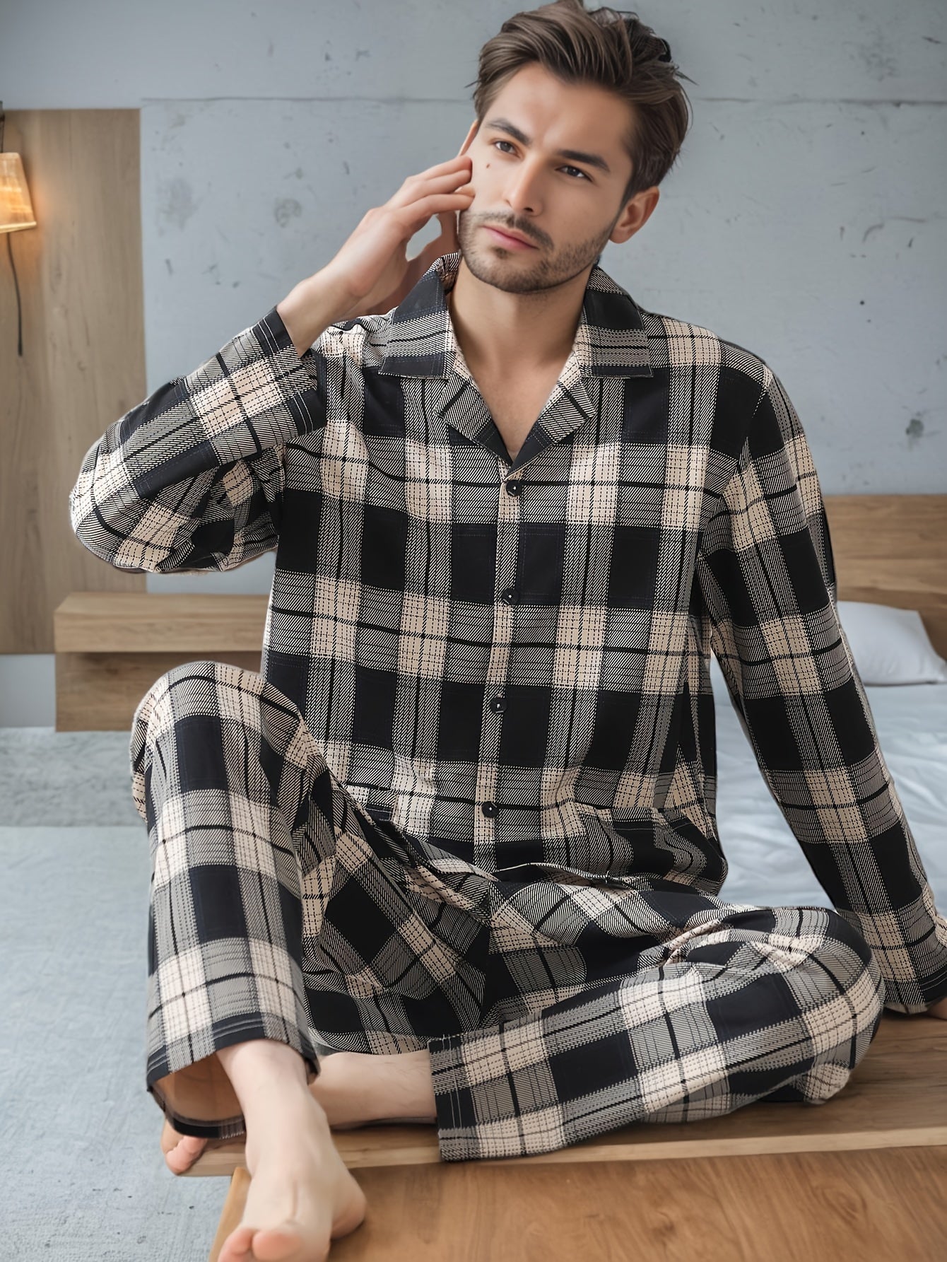 Men's plaid pajama set with long sleeves, lapel collar, slight stretch, and casual style. Made of 95% polyester and 5% elastane. Suitable for spring/fall.