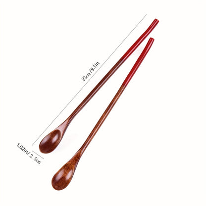 Long handle log coffee spoon set, including stirring spoon, honey spoon, small spoon, and wooden mouth spoon.