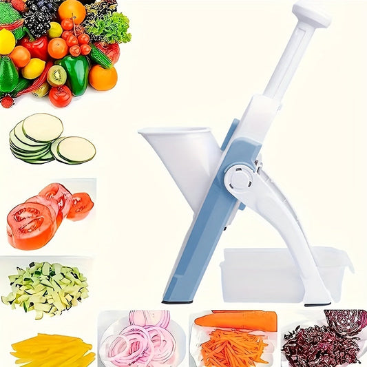 Manual vegetable chopper and slicer with interchangeable blades, made of stainless steel and plastic. A safe and easy-to-use kitchen gadget for chefs at home. Suitable for cutting fruits, vegetables, potato chips, and dicing onions.