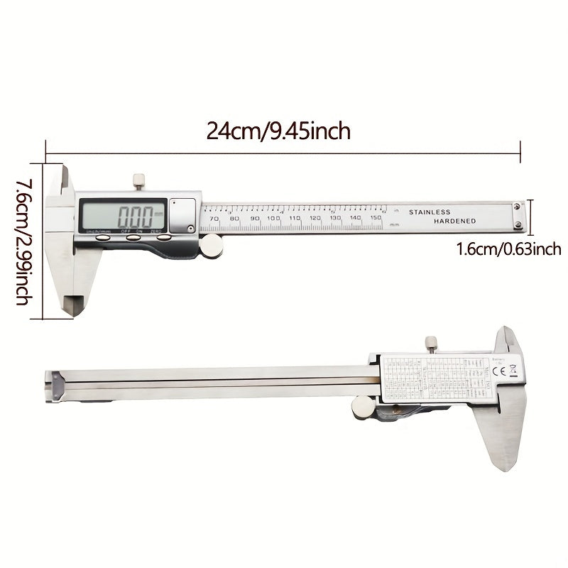 A 150mm stainless steel digital caliper with LCD display, also known as a 6-inch electronic vernier caliper, is a golden measuring tool with a digital caliper and thousandth scale ruler