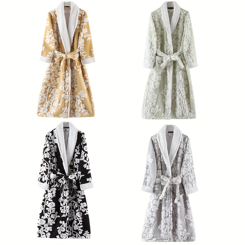 1pc Unisex Thickened Long Bathrobe with Flower Pattern, Ideal for Couples. Ideal for Home and Bathroom use.