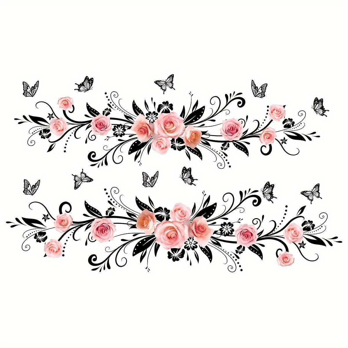 Double-sided pink rose and black butterfly decals for bathroom and living room walls.