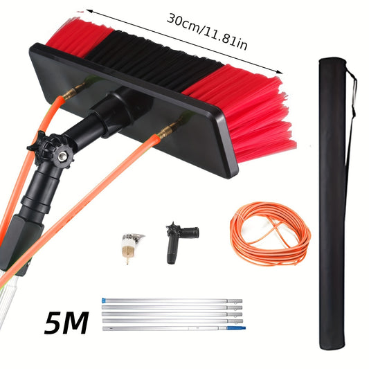 Solar panel cleaning brush set with water flow, uncharged power mode, plastic material, portable telescopic extension pole, multifunctional spray water, easy assembly and disassembly. Solar