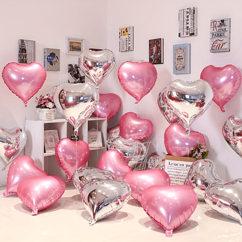 15 red heart pink silvery love aluminum balloons for various occasions like birthdays, weddings, engagements, Valentine's Day, bridal showers, carnivals, home decor, and parties.