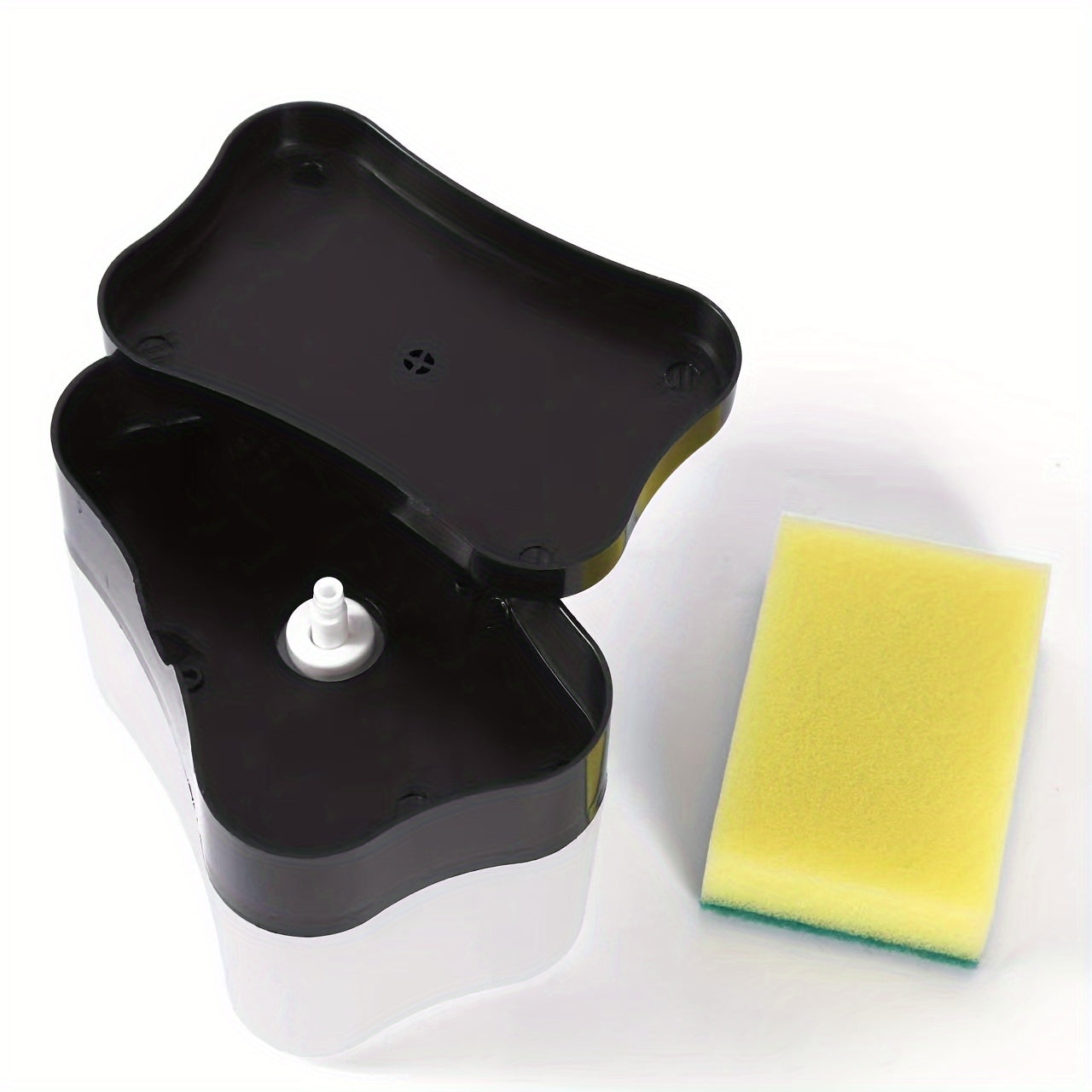 Automatic soap dispensing brush holder and sponge caddy with mercury-free material, fixed installation, and manual lotion dispenser.