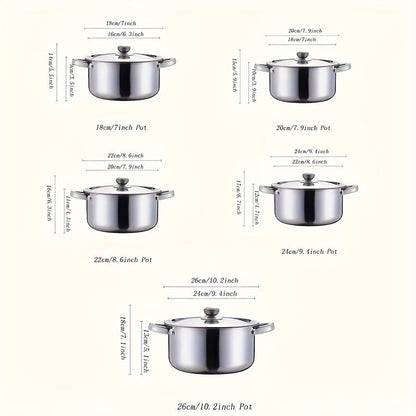 Set of 10 stainless steel saucepans, suitable for induction stovetops, includes deep soup pots with lids, ideal for home cooking and outdoor use. Portable cookware set.