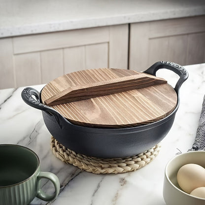 One-piece Double-ear Cast Iron Yuan Treasure Pot featuring a Classic Wooden Lid. This versatile pot can be used as a Flat Bottom Frying Pot, Stew Pot, or Multi-functional Non-coated Non-stick Pot. Suitable for use on Gas Stoves and Electric Magnetic