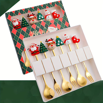 Christmas-themed stainless steel cutlery set includes 4 or 6 pieces in a gift box, featuring Santa, Christmas tree, and reindeer figurine designs. Perfect for serving desserts, cakes, fruit, and coffee during the holiday season. Great gift idea for