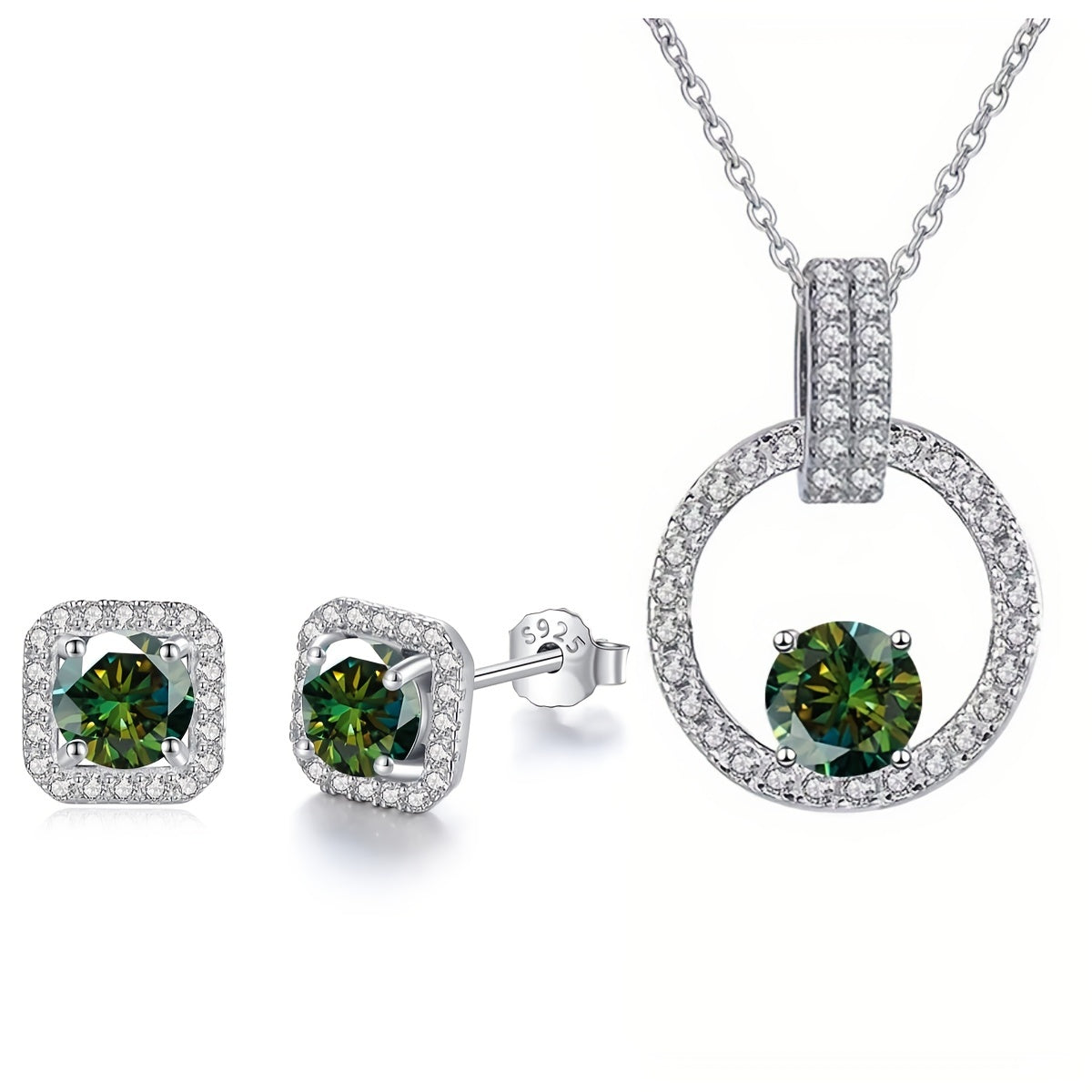 1 set of Moissanite jewelry including a necklace with a 1 carat stone and 2 earrings with 0.5 carat stones. Made of 925 sterling silver and available in multiple colors. Perfect for weddings, comes with a certificate and gift box.