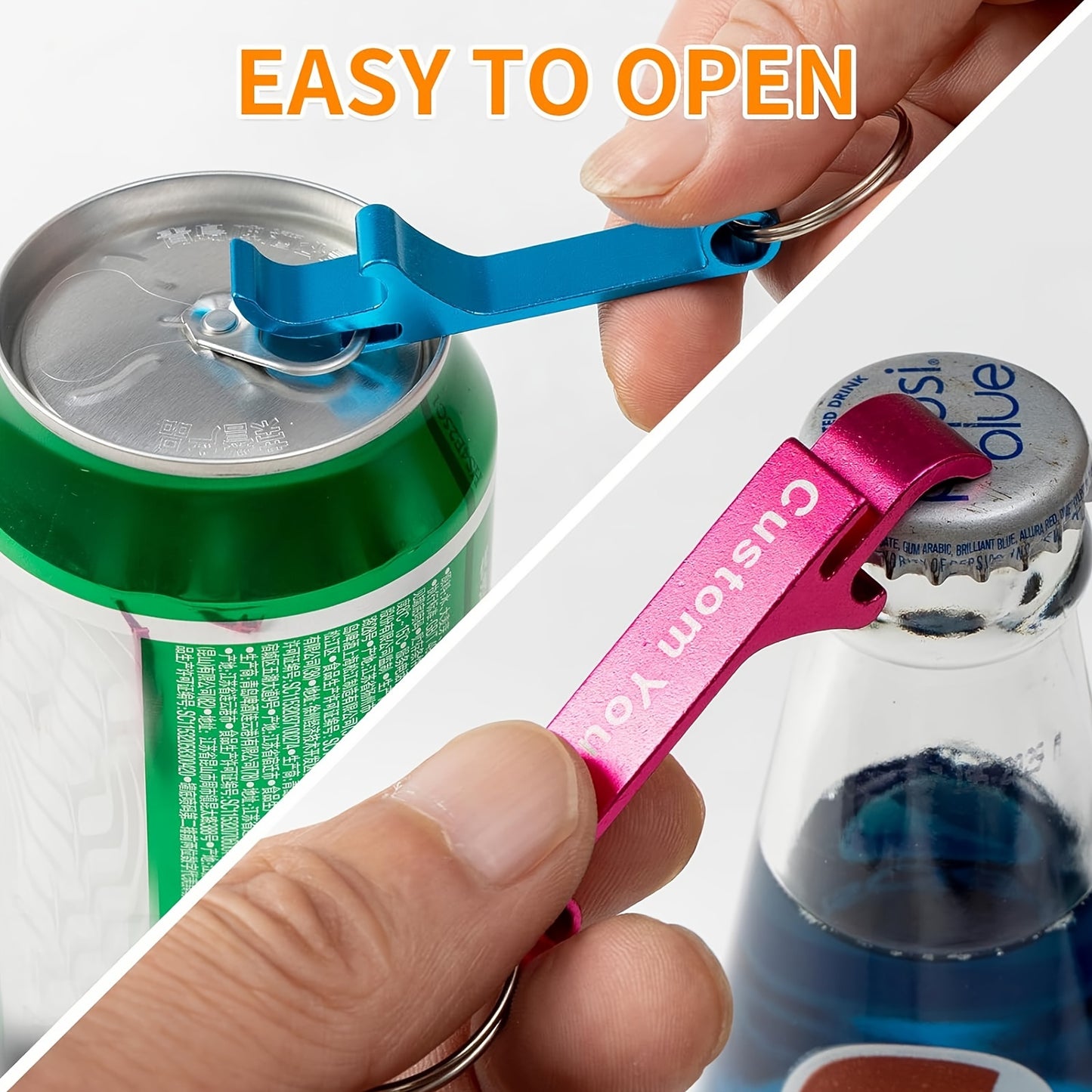 30 personalized keychain bottle openers, ideal for weddings and promotions, durable and lightweight, no power needed.