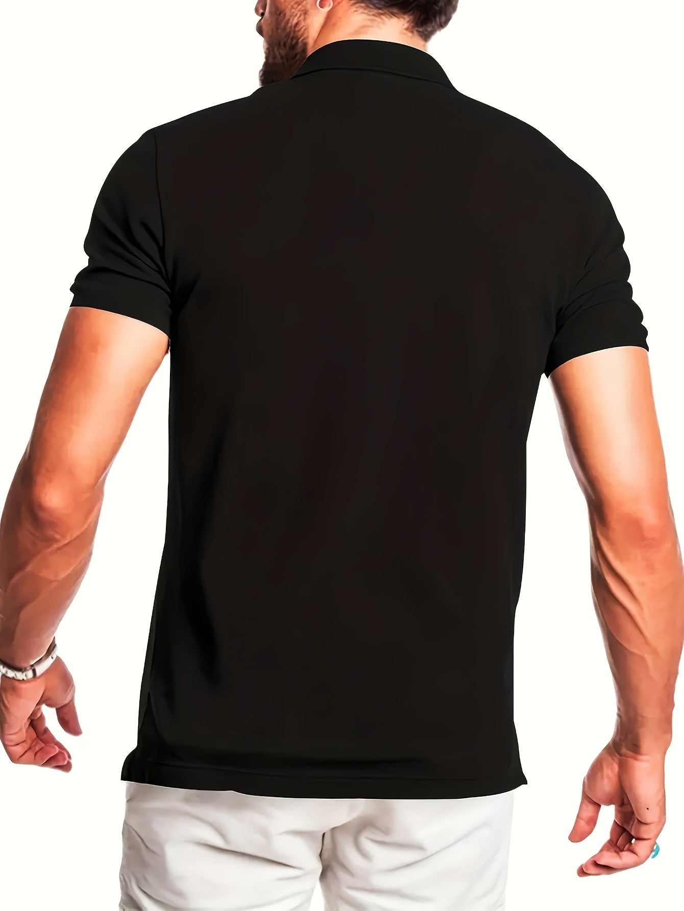 Men's Black Short Sleeve Shirt in Polyester Knit, Regular Fit with White Collar and Pocket, Ideal for Golf or Semi-Formal Wear.