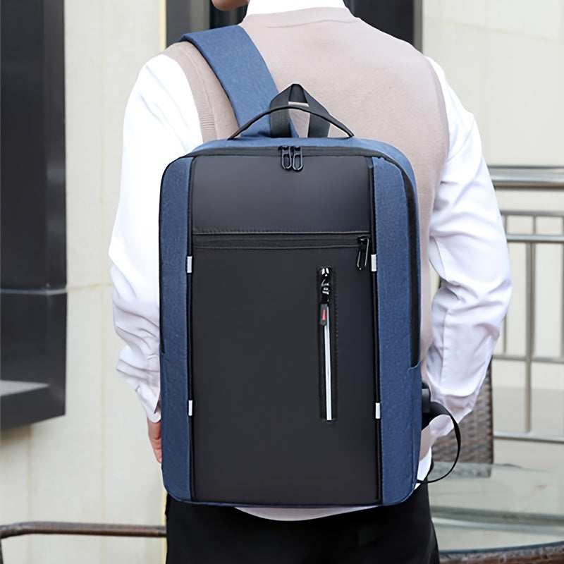 Blue nylon backpack for men with laptop compartment, USB charging port, and adjustable straps; ideal for business, travel, and daily use.