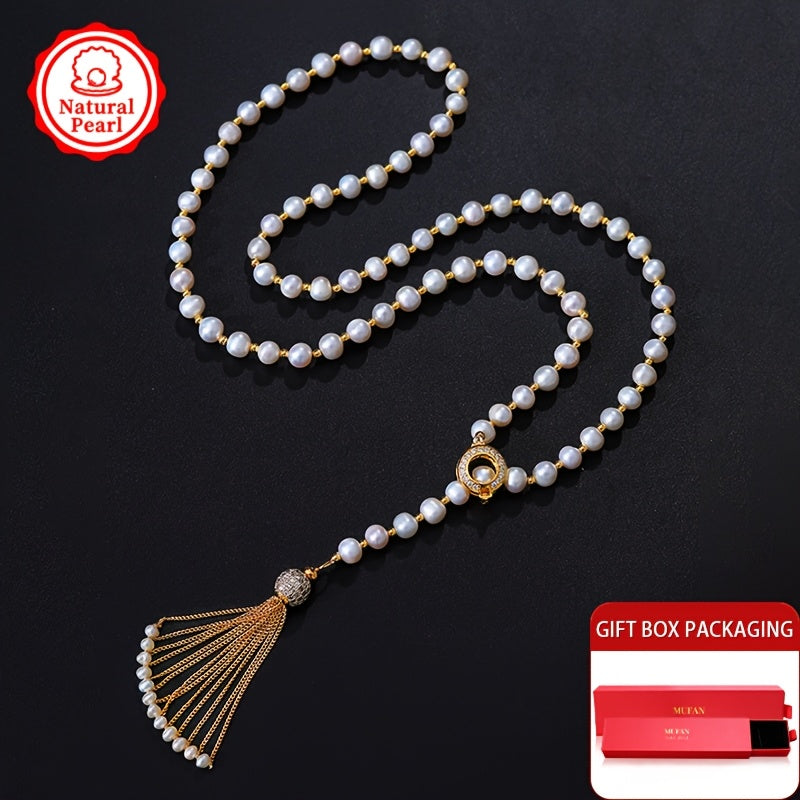 Difei Women's Fashion Pearl Necklace - 85cm/4-9mm Natural Freshwater Pearl Sweater Chain - Gift Box Included - Perfect for Gifting - Each Necklace is Unique with Natural Pearls - Variations in Shapes, Colors, and Patterns