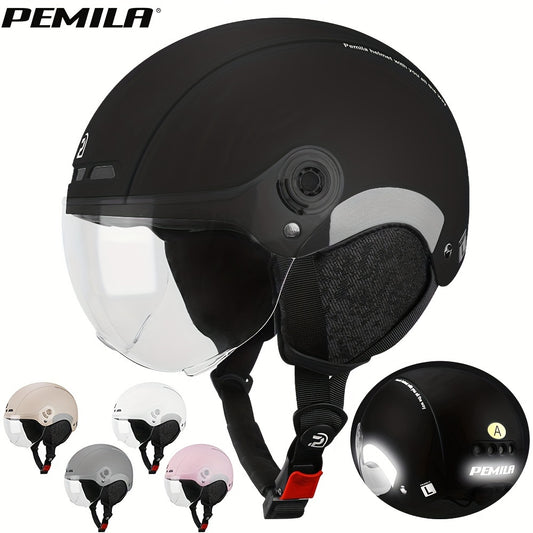 Pemila 2-in-1 cycling helmet with goggles, ear protection, adjustable fit 57-63cm, reflective strips for night riding safety. Made of ABS material in various color options. Includes