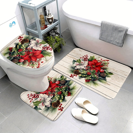 Set of 3 bathroom rugs includes a bath rug, contour mat, and toilet lid cover. These no-slip, washable rugs are perfect for your kitchen, bathroom, or bedroom. Decorate your floors with these non-slip bath rugs featuring rubber backing.