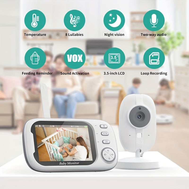 Camera with 720P resolution, featuring an 8.89 cm LCD screen, with wireless transmission video monitor range of 274.32 meters. Includes auto night vision, 2-way audio calling, temperature sensor, and 8 lullaby songs. Also comes equipped with an editor