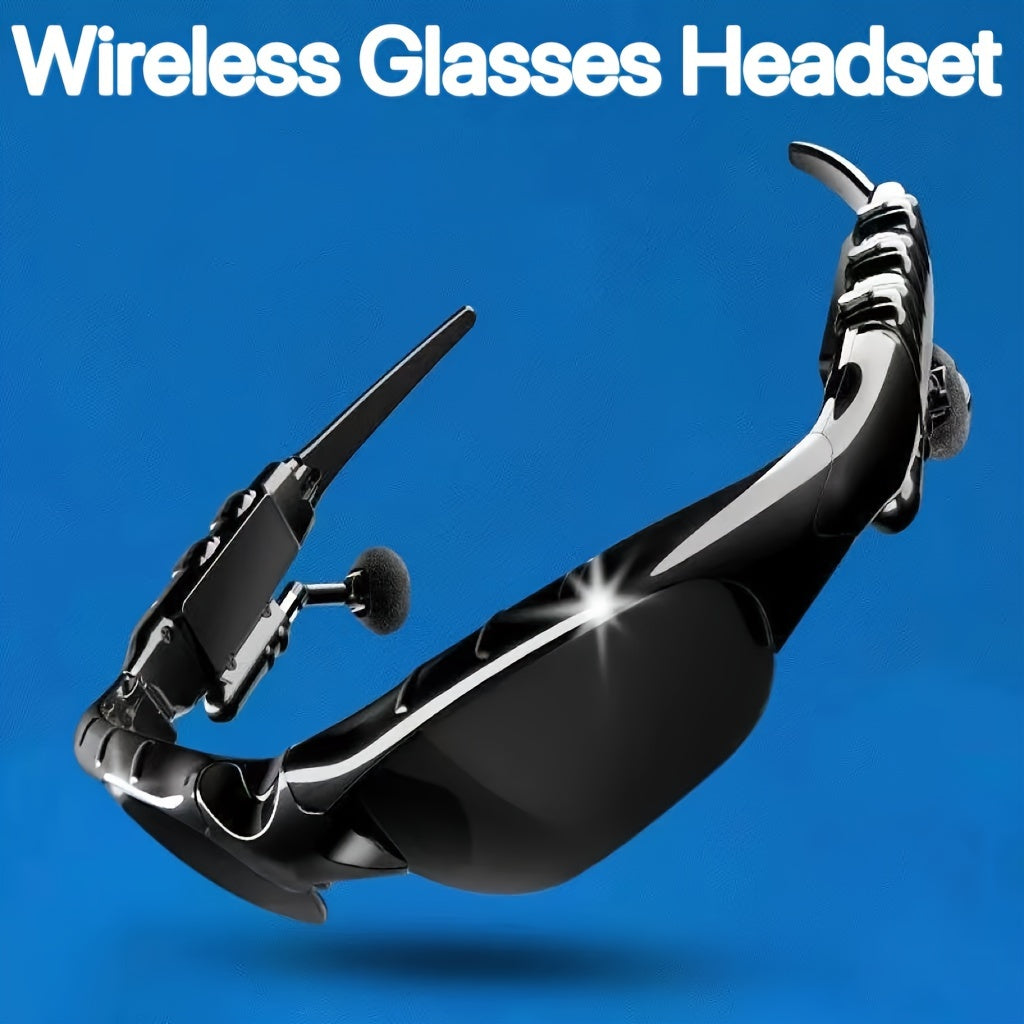 Wireless Glasses with headset, mic, and USB charging for outdoor activities.