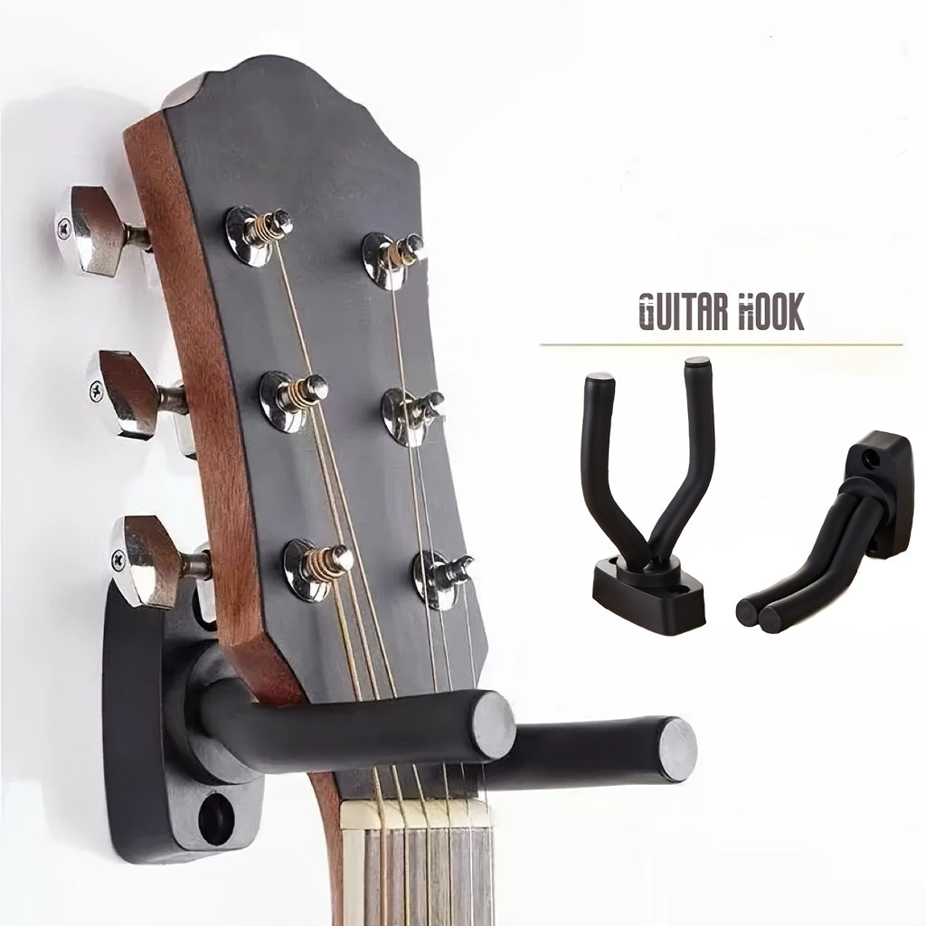 Adjustable black foam steel guitar wall hooks for displaying instruments of all sizes - space-saving and safe.