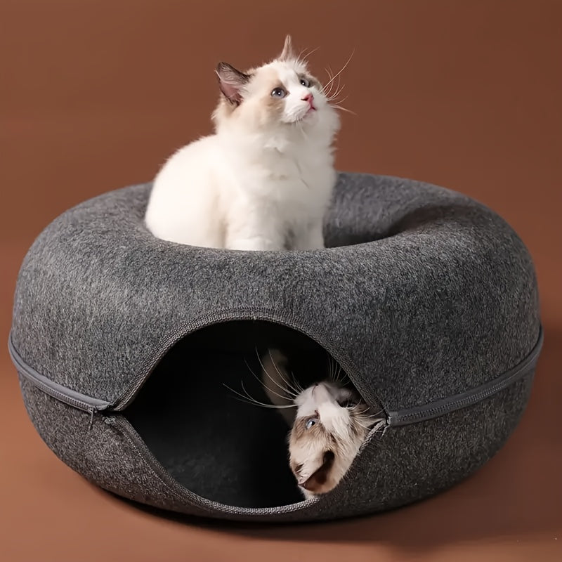 Donut-shaped cat bed with interactive felt tunnel, also serves as a canvas cat house for small to medium cats, ferrets, and rabbits, can be used as a play and training toy.