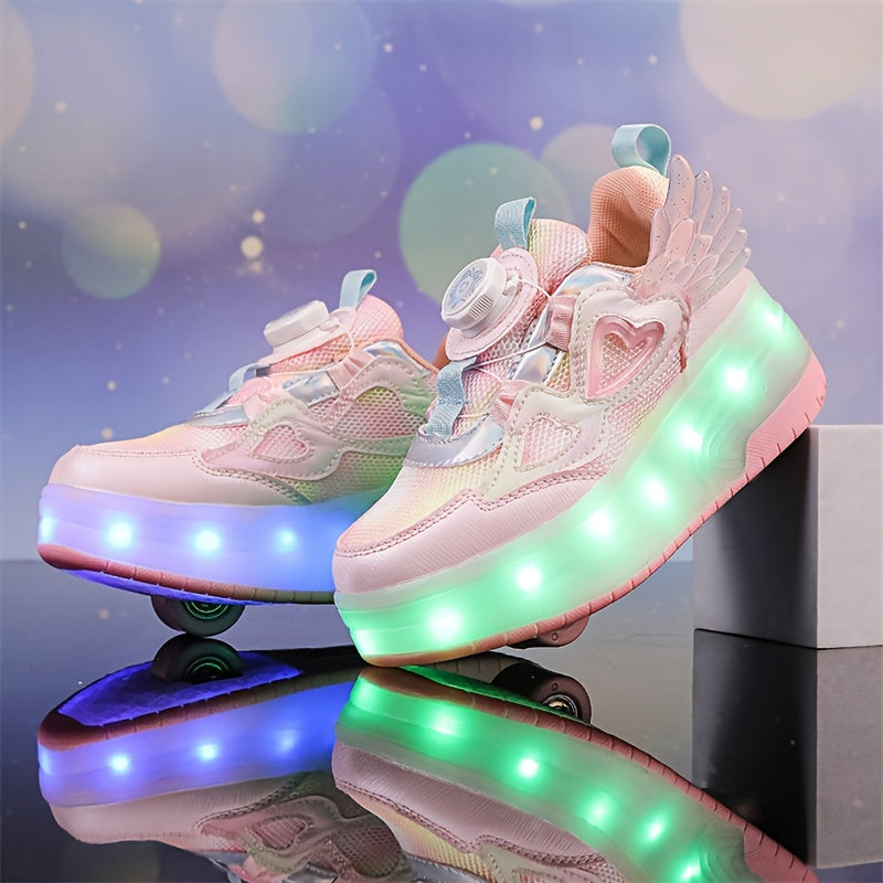 Breathable, durable, and stylish girls' light-up roller skates with rotating buckle closure.