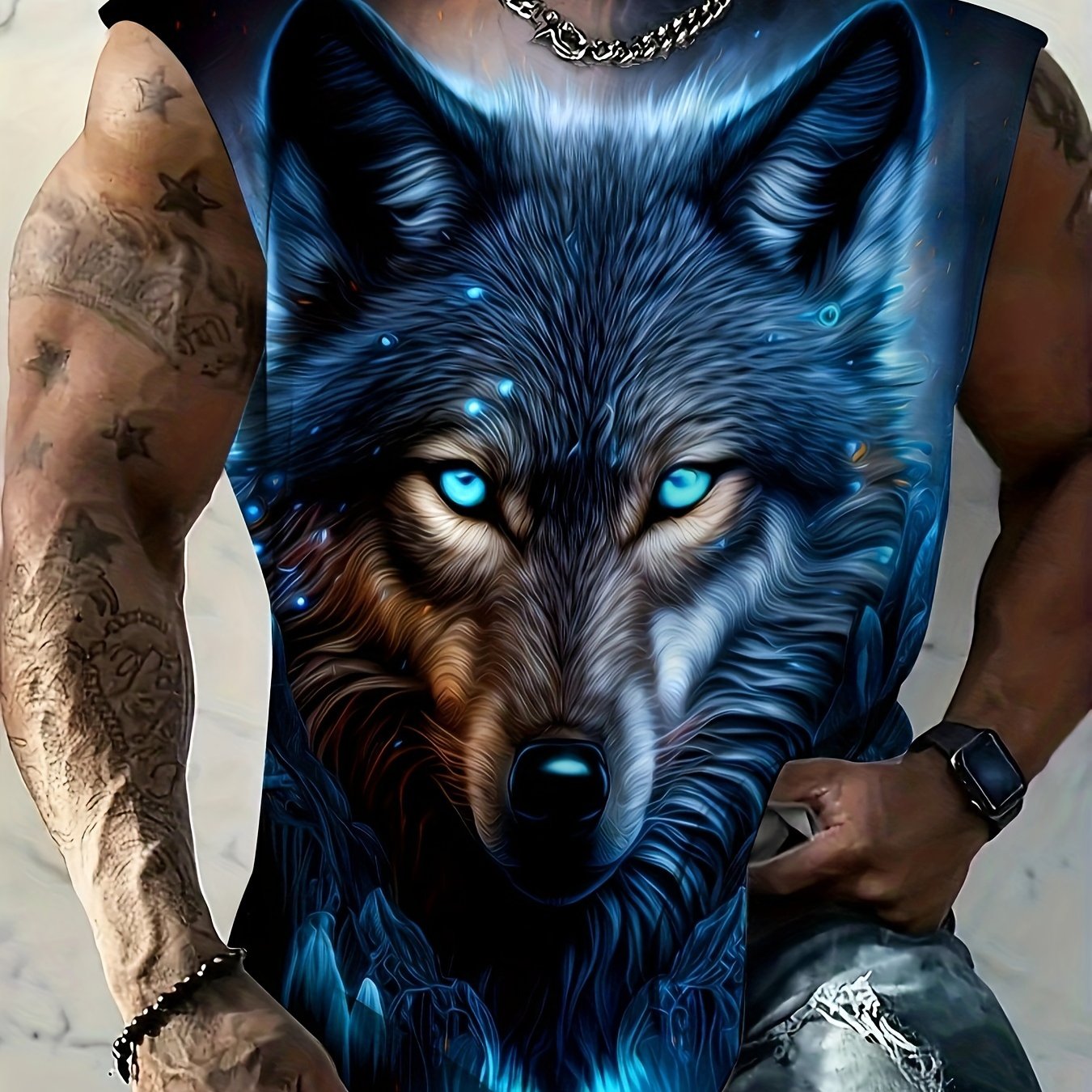 Men's Plus Size Wolf Print Tank Top - Breathable Polyester-Spandex Blend for Summer Fitness & Basketball Training, PLUS SIZE