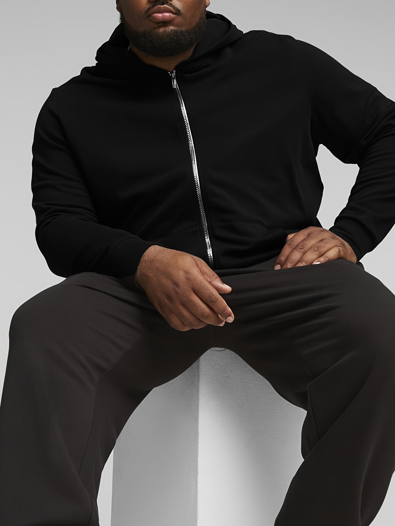 Men's casual black zip-up hoodie made of polyester, ideal for outdoor sports, machine washable, suitable for hip-hop necklace, available in plus size.