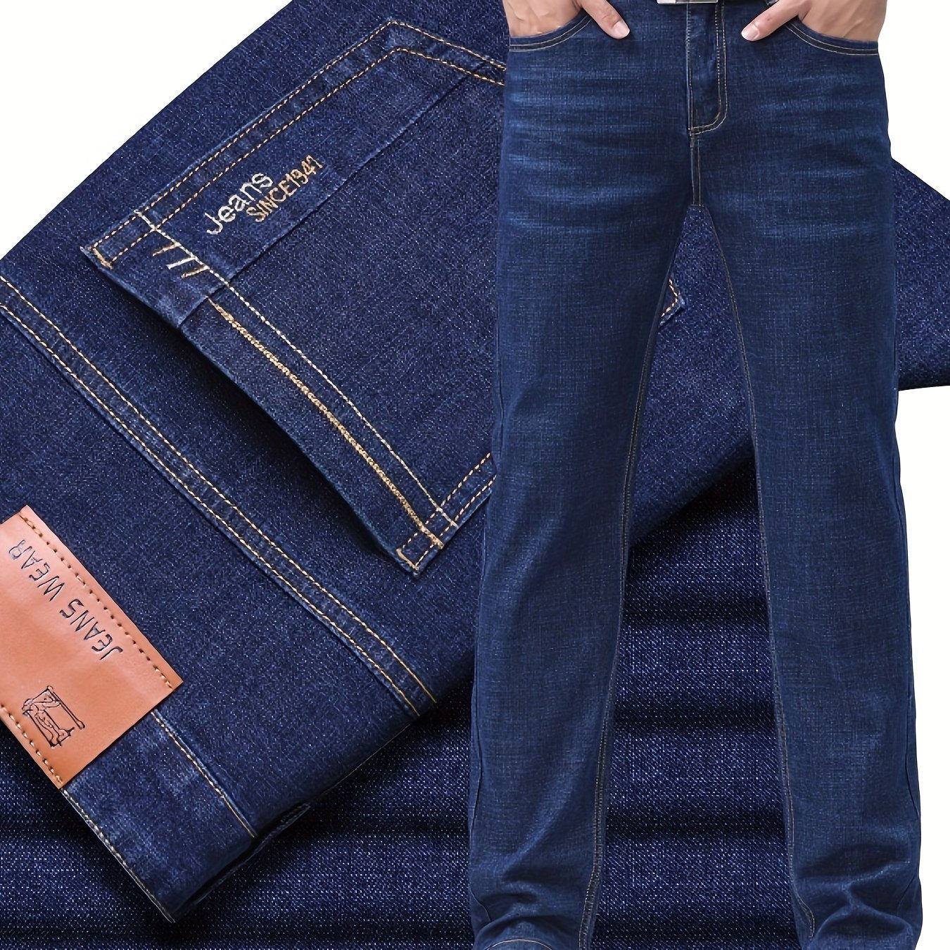 Men's Classic All-Season Denim Jeans with Regular Fit, 50% Cotton, 30% Polyester, 18.5% Viscose, 1.2% Spandex, Solid Color, Washed, Slight Stretch, Zipper Fly, 350g/m² Fabric Weight, Basic