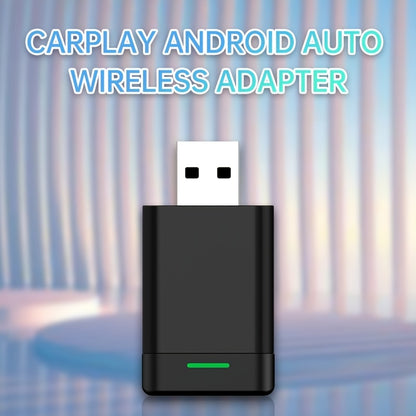 Compact 2-in-1 CarPlay Android Auto Adapter for wireless connectivity and quick pairing with no need for cables. Features USB charging, 4.8GHz WiFi, Wireless 5.0, and compatibility with