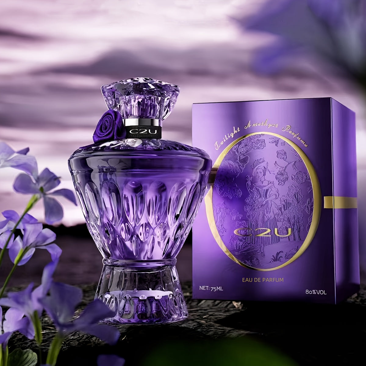 Elegant 75ml Purple Women's Perfume Spray with refreshing woody notes and alcohol-infused scent, perfect girlfriend gift with decorative floral packaging.