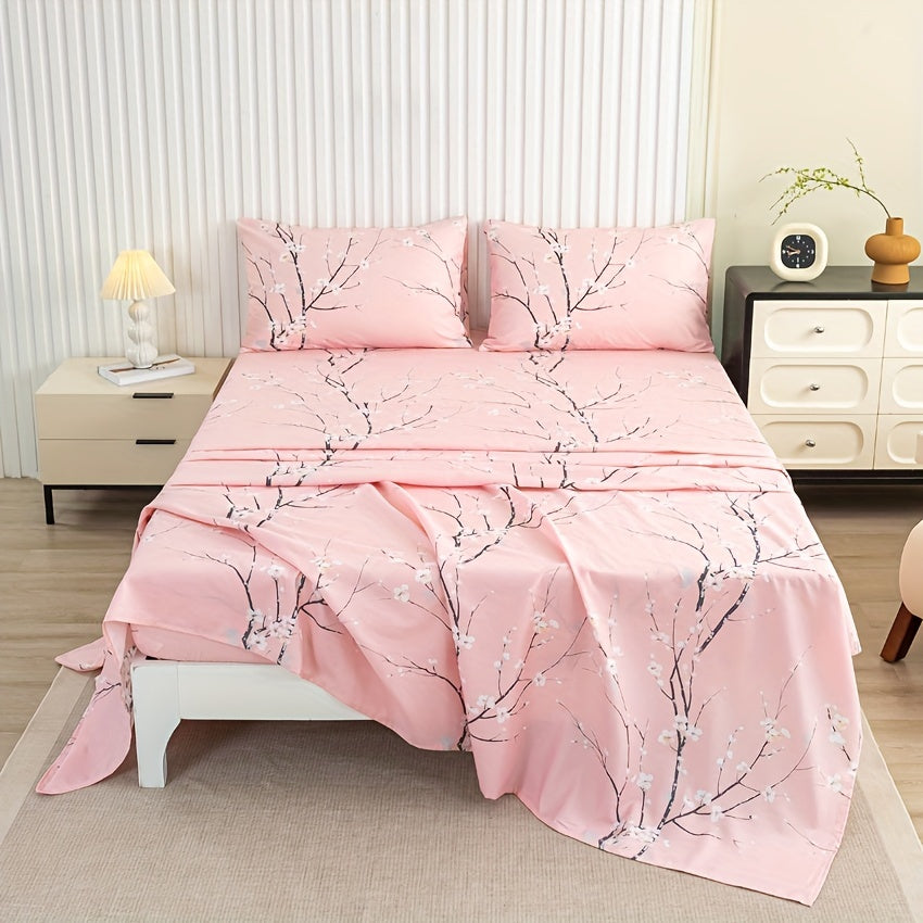 Floral Branch Fitted Sheet Set with 4 pieces, made of soft microfiber with deep pocket fitted sheet and included pillowcases. No core.