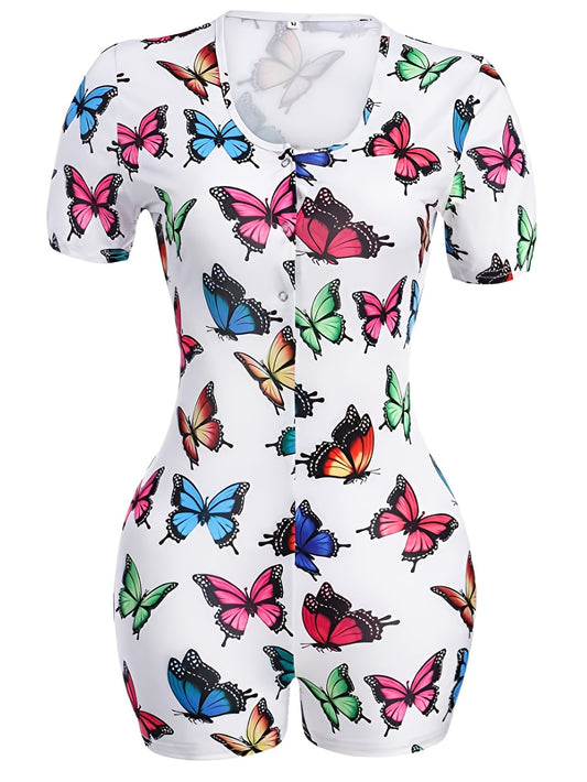 Butterfly Print Lounge Bodysuit, Crew Neck Romper for Women loungewear