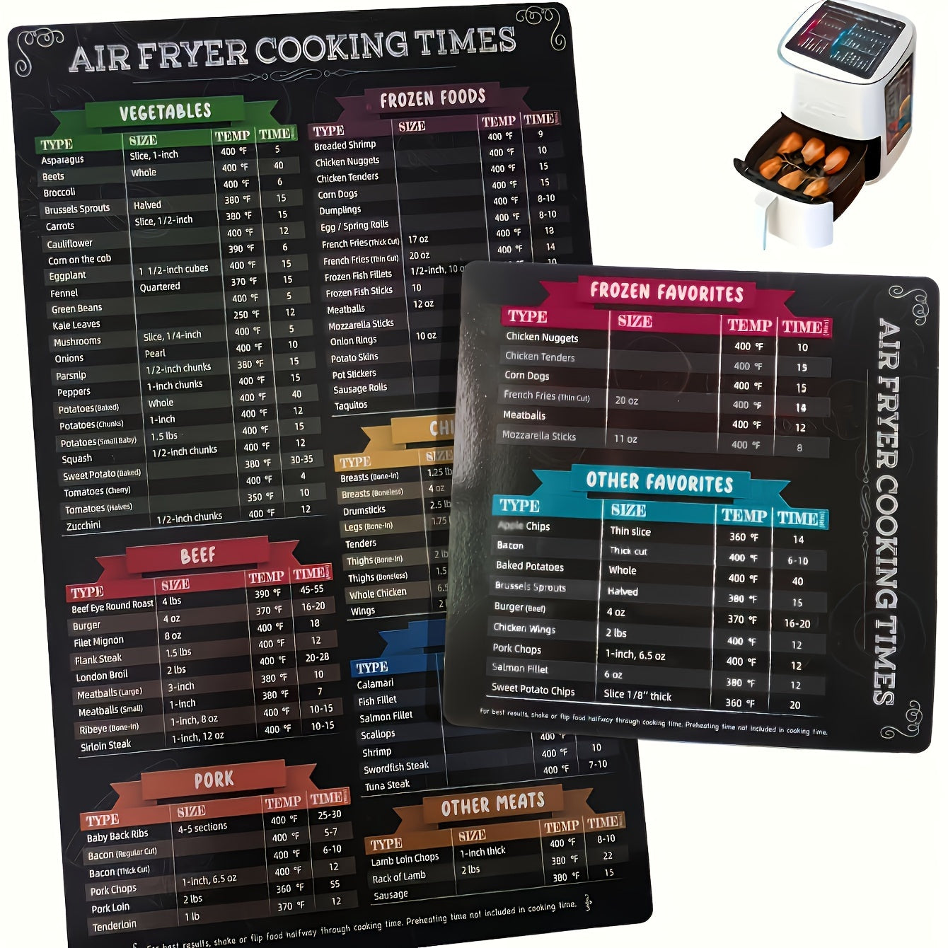 Two pieces of black magnetic air fryer cheat sheets offering cooking times guide for popular foods. Requires no power, making it perfect for kitchen and dining use.