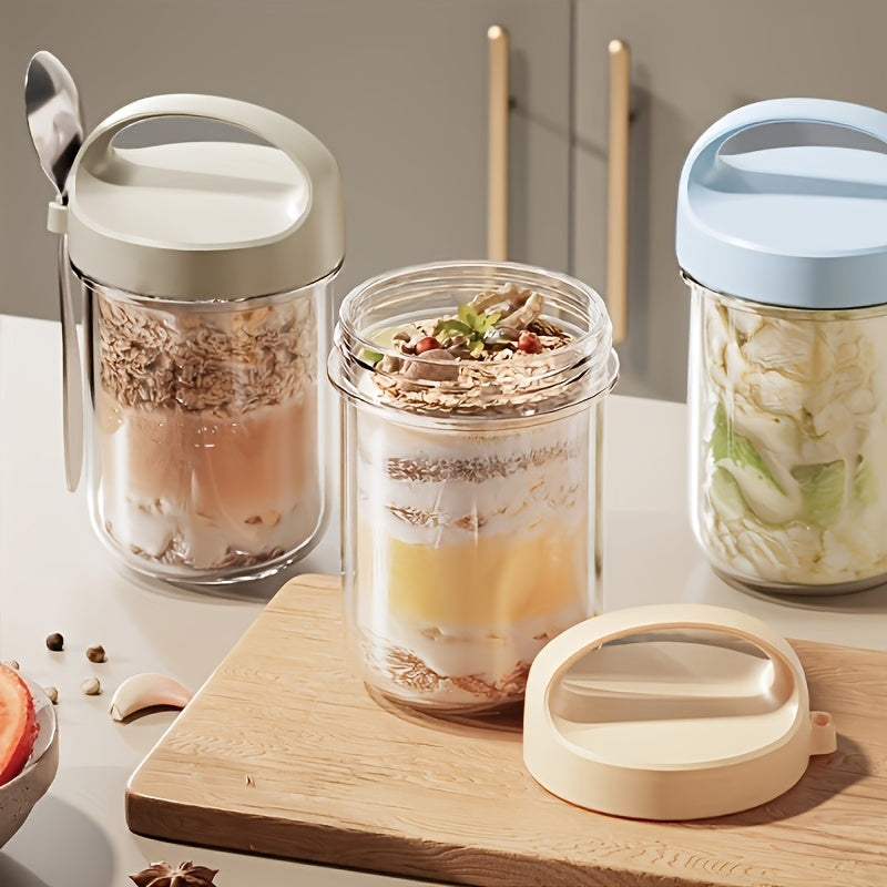 Glass yogurt cup doubles as a sealed jar for overnight oats, smoothies, and grains with spoon.