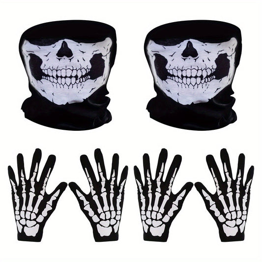 Adults' 3-Piece Skeleton Pattern Neck Gaiter and Gloves Set - Includes Breathable Multi-Use Skull Mask Scarf and Bone Print Gloves for Halloween Costume, Dance Parties, Street Style – Made of Polyester Fiber, Hand Washable